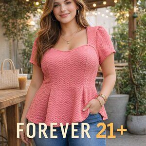 FOREVER 21+ Salmon Top Peplum Flared Square Neck Short-Sleeve Blouse, Size 1X